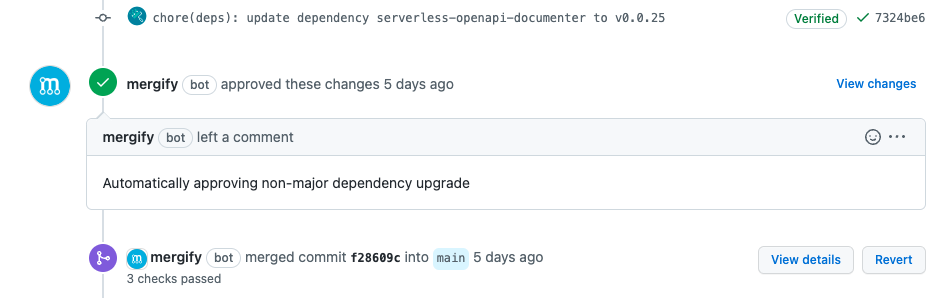 GitHub log showing that Mergify approved and merge a pull request