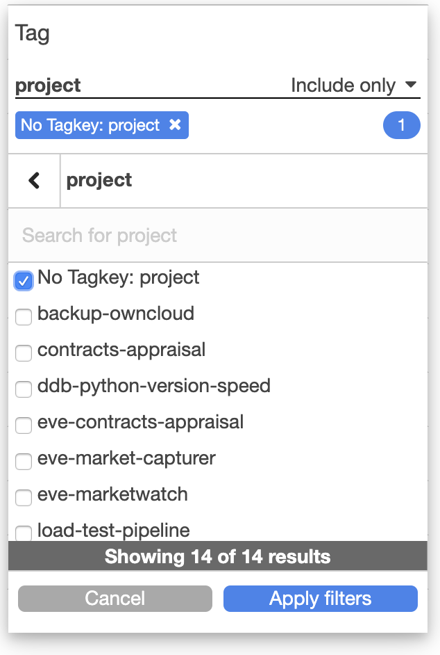 Show only resources that don’t have the tag “project”